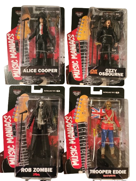 2024 Lot of 4 Music Maniacs by Todd McFarlane Alice Cooper, Ozzy Osbourne, The Trooper, and Rob Zombie MIB